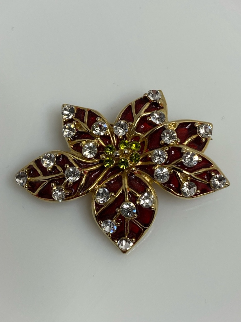 Vintage Poinsettia Brooch Red Enamel Clear And Green Rhinestone Christmas Flower